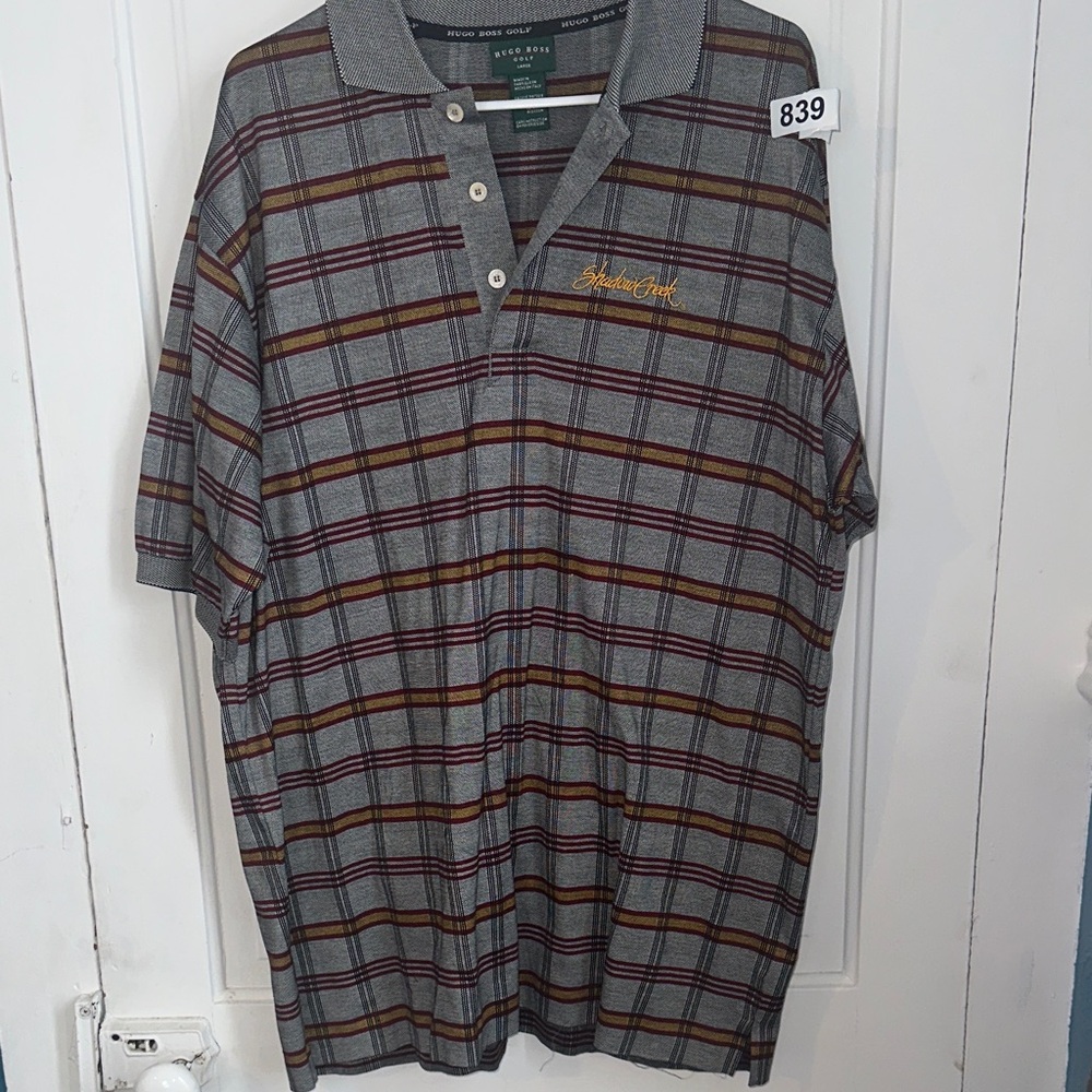Hugo Boss Gray and Yellow Plaid Polo Shirt Large Golf